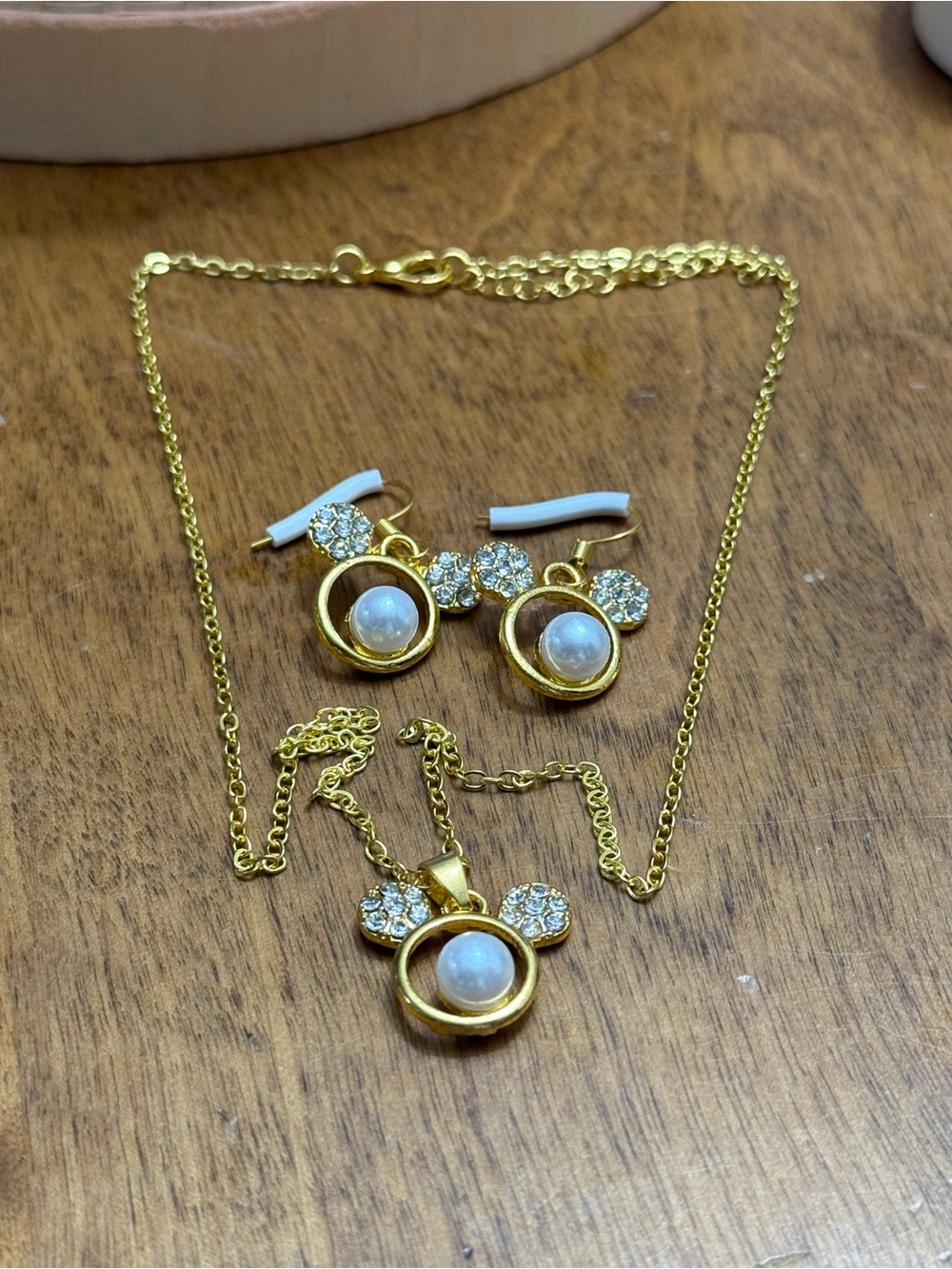 Gold Mickey Inspired Pearl Necklace & Earring Set
